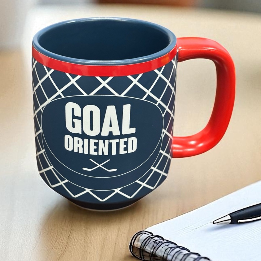 NWT INDIGO Goal Oriented Mug Ceramic Hockey Gift Win Blue Red White